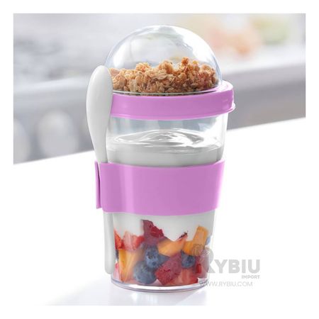 Vaso para Yogurt y Cereal con Cuchara de 350ML Rosado