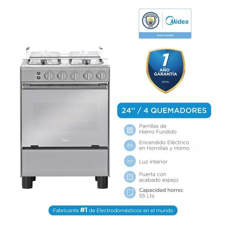 Cocina a Gas de 4 Hornillas Midea MGS24FS2LAAMB  Espejado