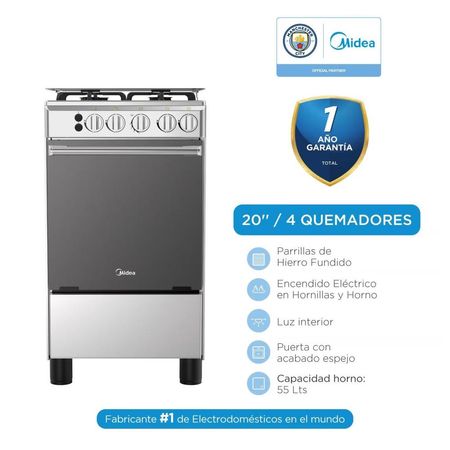 Cocina a Gas de 4 Hornillas Midea MGS20F0LJAGG  Silver