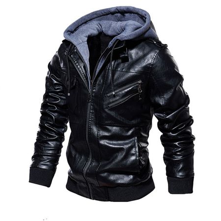 Chaqueta de Cuero PU Para Hombre Abrigo con Capucha Negro M