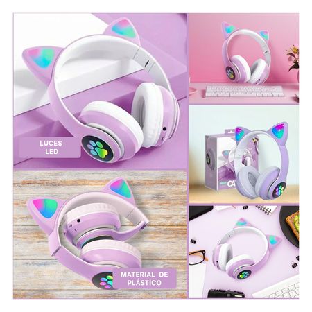 Audifonos con Bluetooth de Gato Morado Y+Papel de Regalo