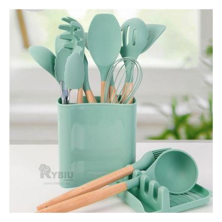 Set de 11 Cucharas con Posador en Verde Agua