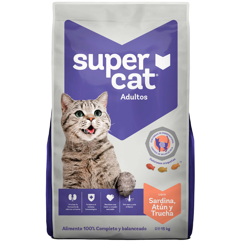 Comida para Gatos SUPERCAT Adultos Sardina, Atún y Trucha Bolsa 15Kg