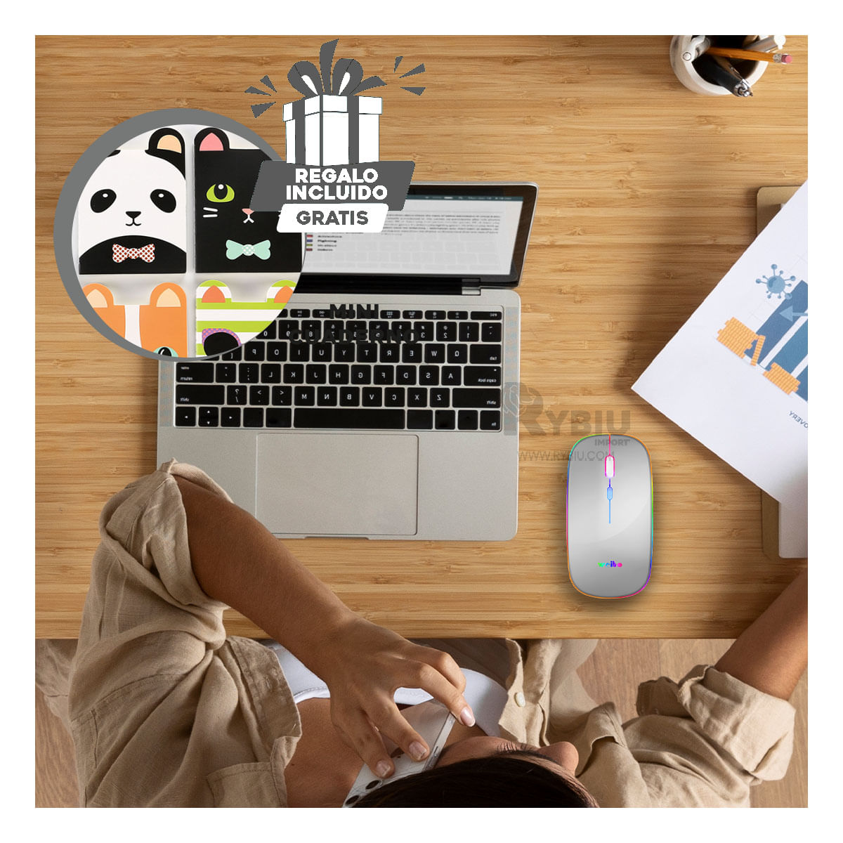 Mouse de Diseño Anatomico en Color Blanco Y+Agendita