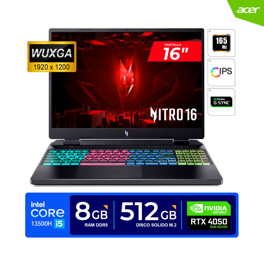 Laptop Acer Nitro 16 16""WUXGA 165Hz Core i5 13500H 4.7GHz 8GB DDR5 512GB SSD RTX 4050 6GB FREEDOS