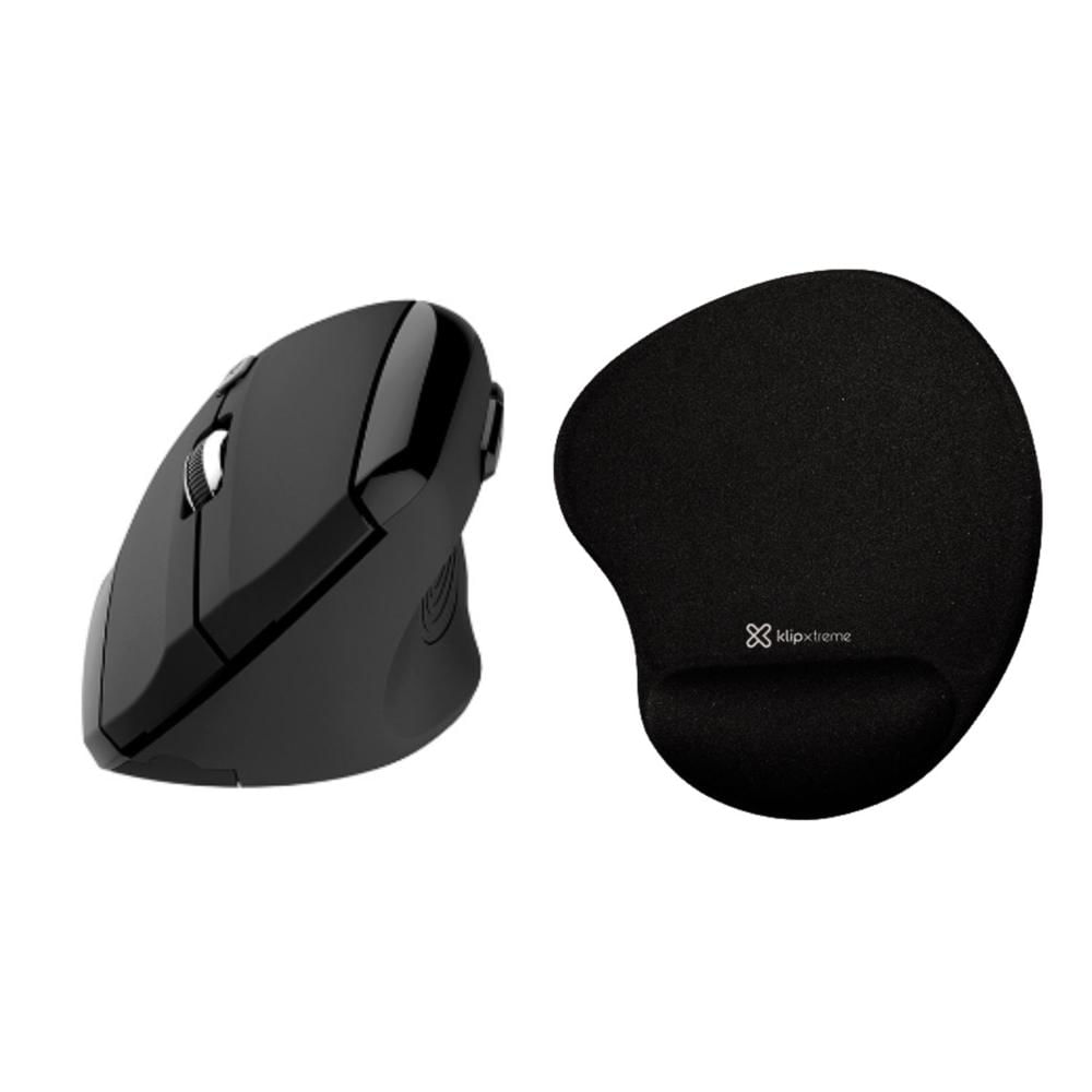 Mouse Vertical Klip Xtreme Everrest Óptico Inalámbrico y Mouse Pad Klip Xtreme con Alfombrilla y Gel