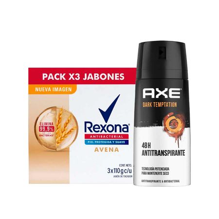 pack-desodorante-aerosol-hombre-axe-dark-temptation-152ml-jabon-tocador-rexona-antibacterial-avena-110g-x-3un