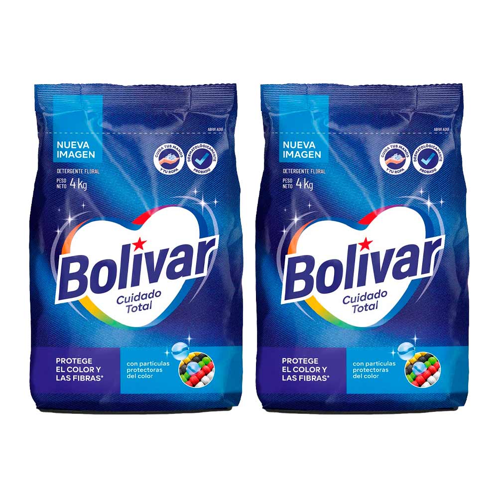 Pack Detergente en Polvo BOLIVAR Cuidado Total Floral Bolsa 4Kg x2un