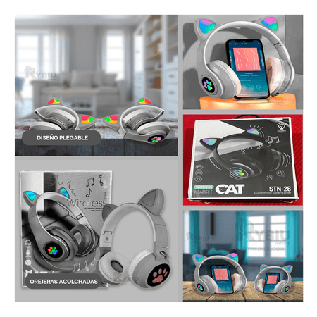 Audifonos con Tematica de Gato y con Luces en Tono Plomo