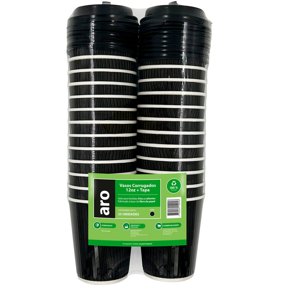 Vaso ARO Corrugado Negro 12Oz + Tapa 303x171x93mm
