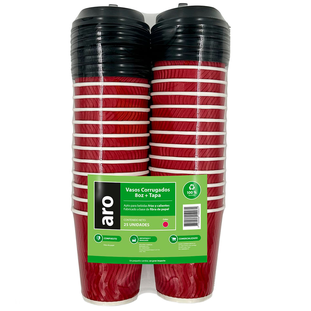 Vaso ARO Corrugado Rojo 8Oz + Tapa 299x157x80mm