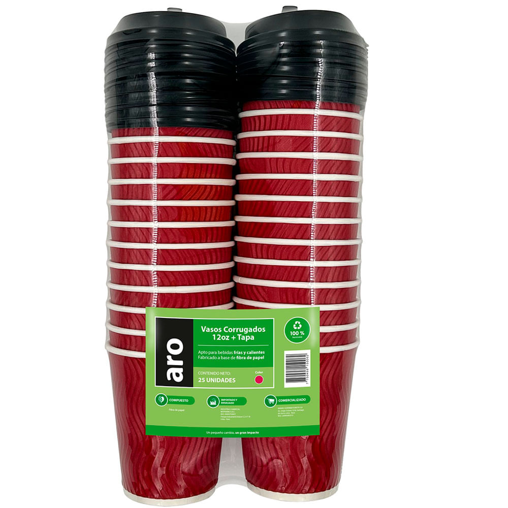 Vaso ARO Corrugado Rojo 12Oz + Tapa 303x171x93mm