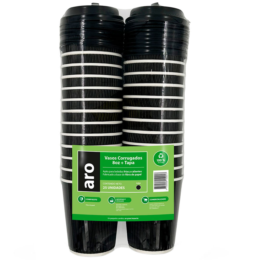Vaso ARO Corrugado Negro 8Oz + Tapa 299x157x80mm