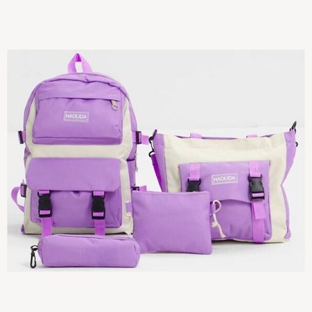 Pack Mochila Bolso Monedero Cartuchera 4 en 1 Kawaii Morado