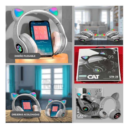 Audifonos con Diseño de Gato Color Plomo Y+Papel de Regalo