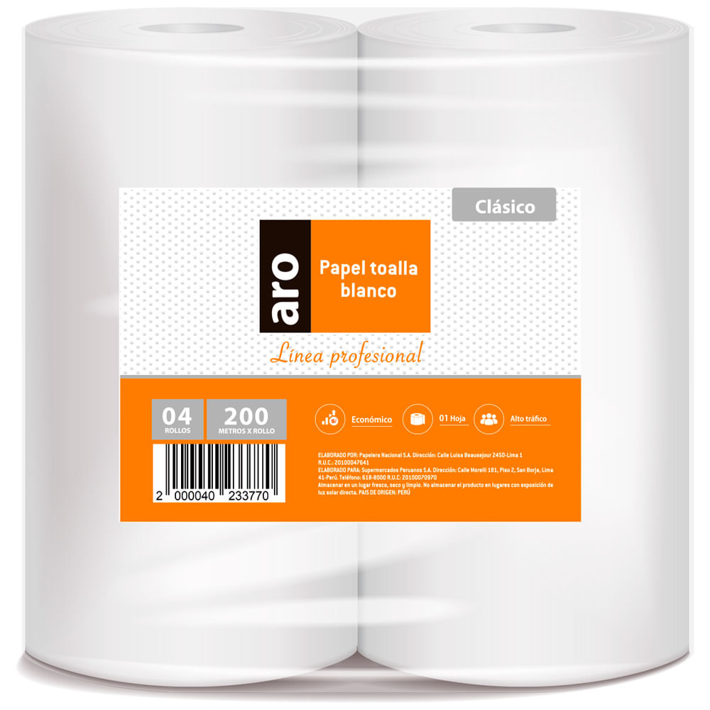 Papel Toalla Blanco Clásico ARO 200mts x4un