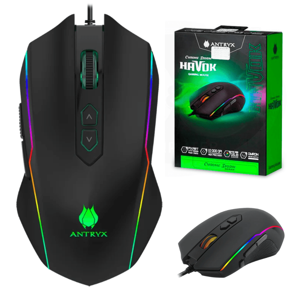 Mouse Gamer Dpi 12400 Antryx Chrome Storm Havok X Luces Rgb Agm-5350k