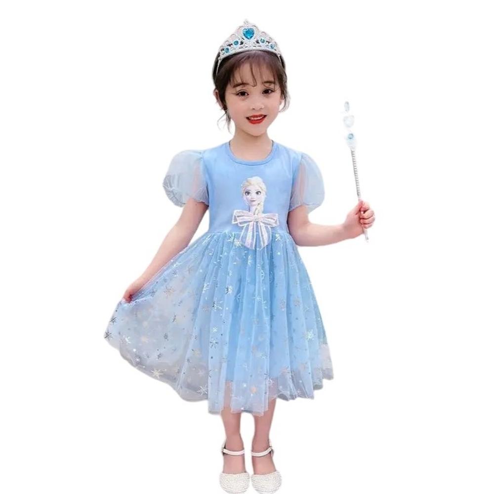 Vestido Niña Genieka Elsa de Frozen Manga Corta con Lazo Princesa Fiesta Disfraz Talla 2 a 3 años