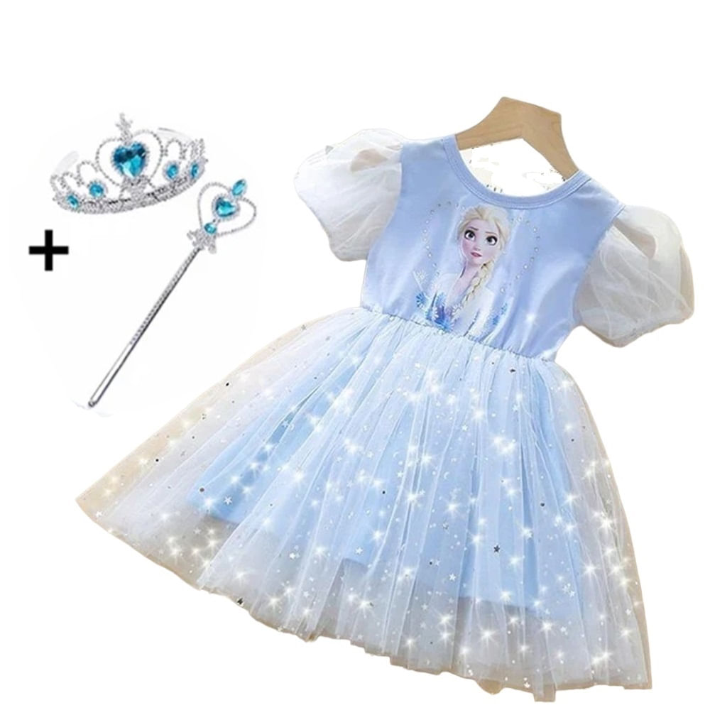 Vestido Niña Genieka Princesa Frozen +Varita +Diadema Manga Corta Fiesta Disfraz Vestido Niña Genieka Princesa Frozen + Varita +Diadema Manga Corta Fiesta Disfraz Talla 2 a 3 años