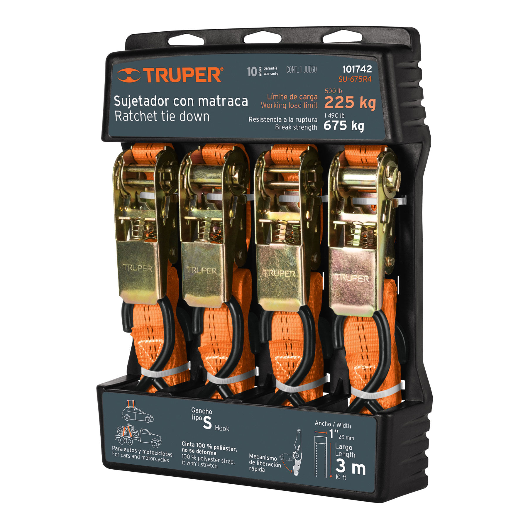Juego de 4 sujetadores con ratchet carga máxima 675 kg Truper 101742