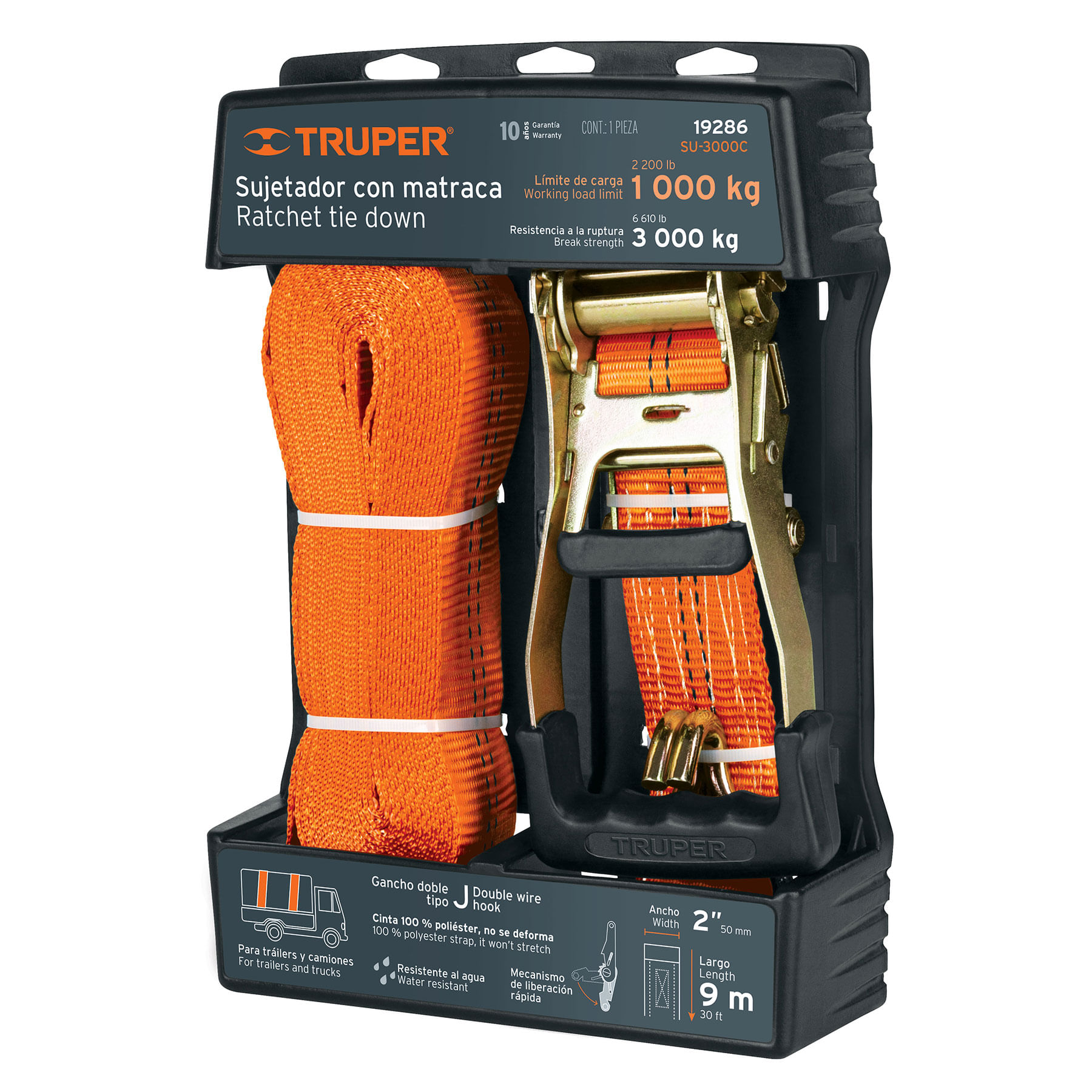 Sujetador con ratchet carga máxima 3000 kg truper 19286