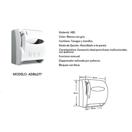 Dispensador Manual para papel toalla Palanca ADB 6277 Blanco