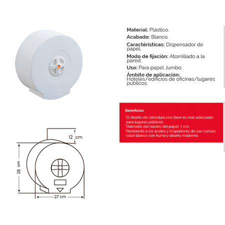 Dispensador para Papel Higiénico Jumbo Plástico ADB6207 Blanco