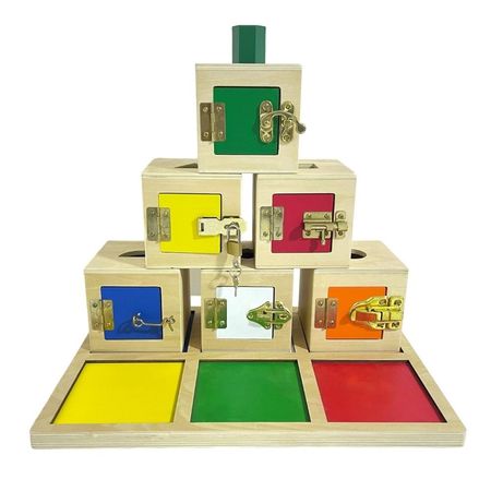 Pack completo 6 cajas de cerraduras y colores con tabla Chanitos Cunita montessori CMS-LOCK6-TBL