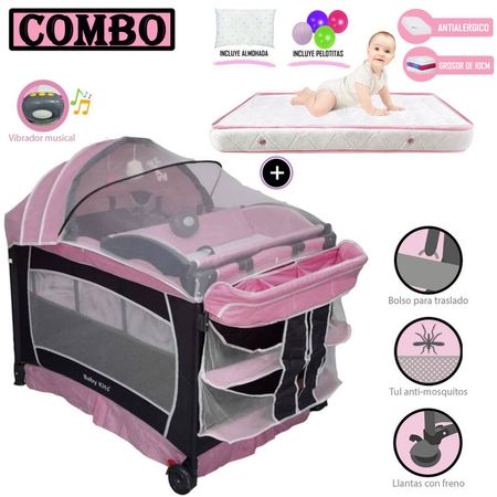 Cuna Corral Baby Kits Verona Rosado + Colchón Rosado