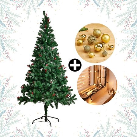 COMBO Navideño Colección Dorada: Árbol de navidad con Berries 210cm y 864 ramas + 88 Bolas Doradas + 10m de 200 luces LED Cálida