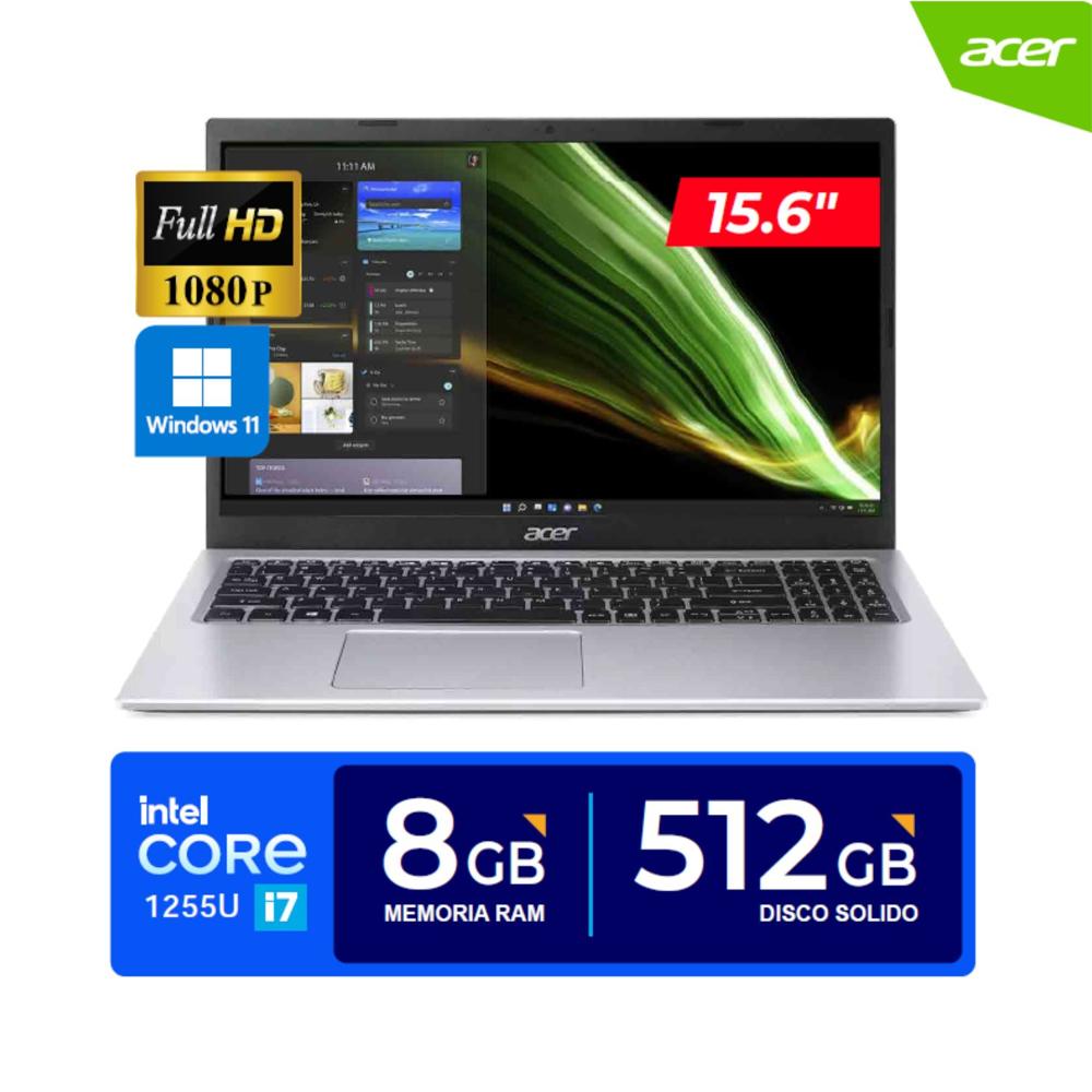 Laptop ACER Aspire 3 15.6"" FHD Core i7-1255U 4.70 GHz 10 Núcleos 8GB DDR4 512GB SSD Win 11 Home