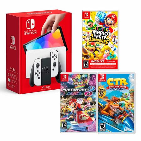 Consola Nintendo Switch Modelo Oled Blanco + Mario Party Jamboree+ Mario Kart 8 + Ctr