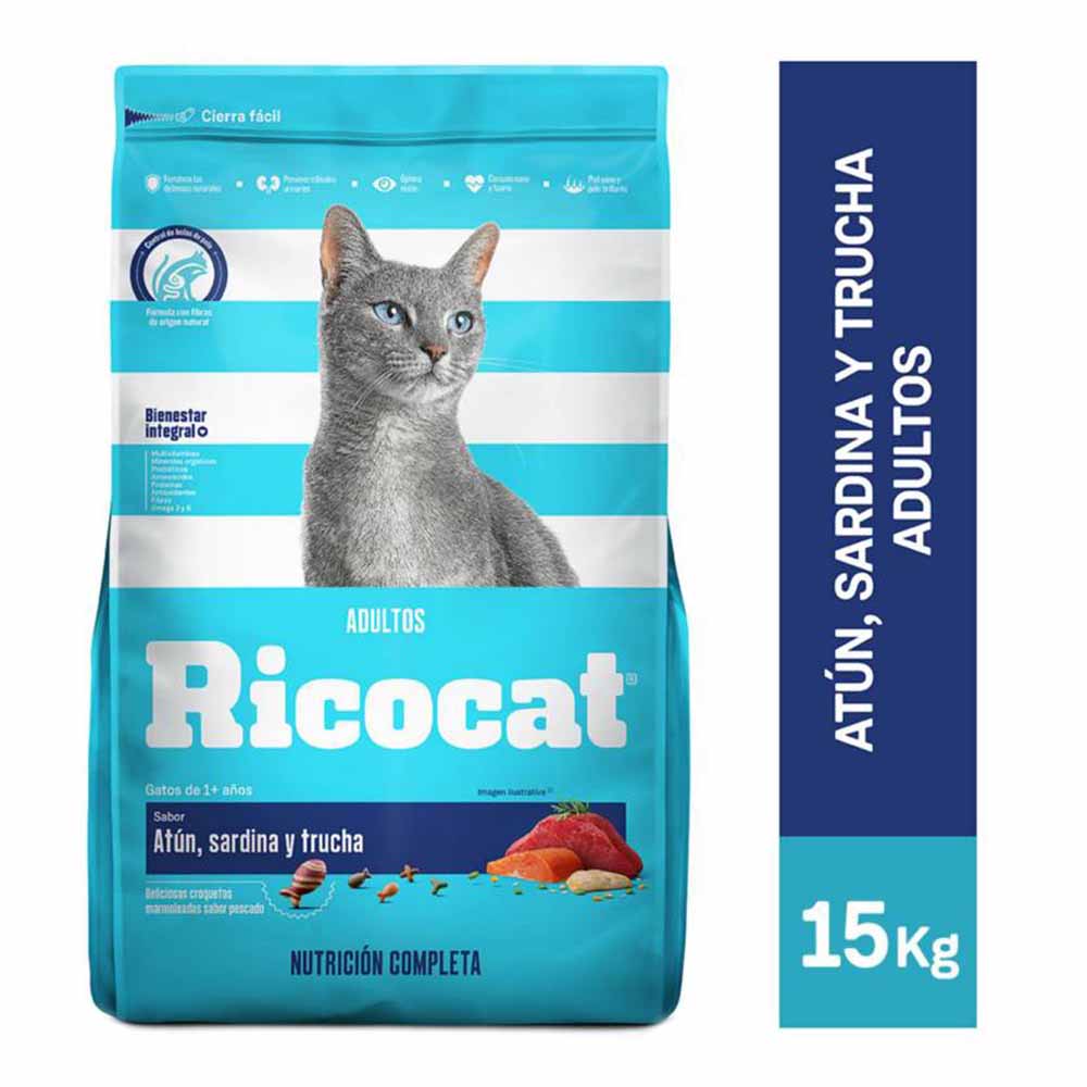 Alimento para Gatos RICOCAT Adulto Sabor Atún Sardina Trucha Bolsa 15Kg