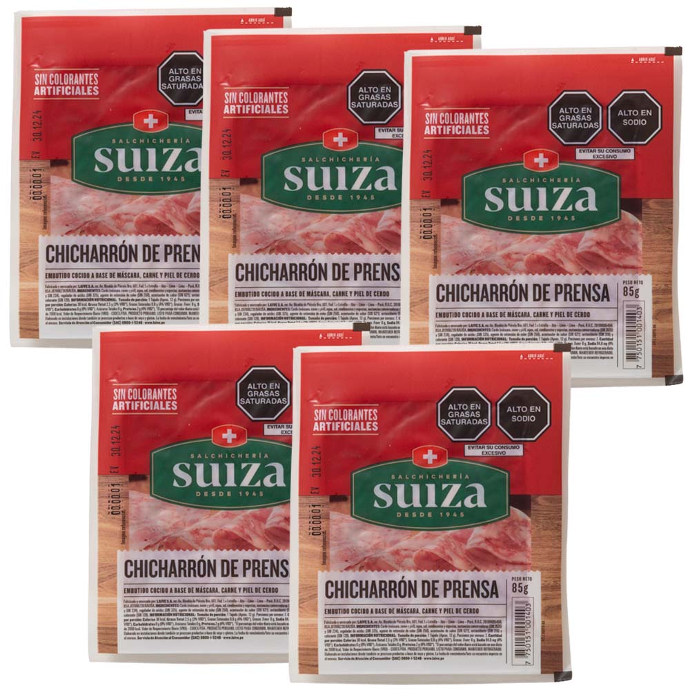 Chicharrón de Prensa SALCHICHERÍA SUIZA Línea Clásica Paquete 5 Paquetes 85g c/u