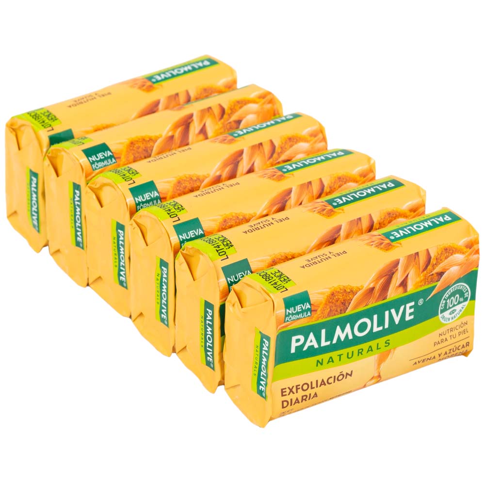 Jabón de Tocador PALMOLIVE Exfoliación Diaria Avena y Azúcar Morena Paquete 6 Bolsas 75g c/u