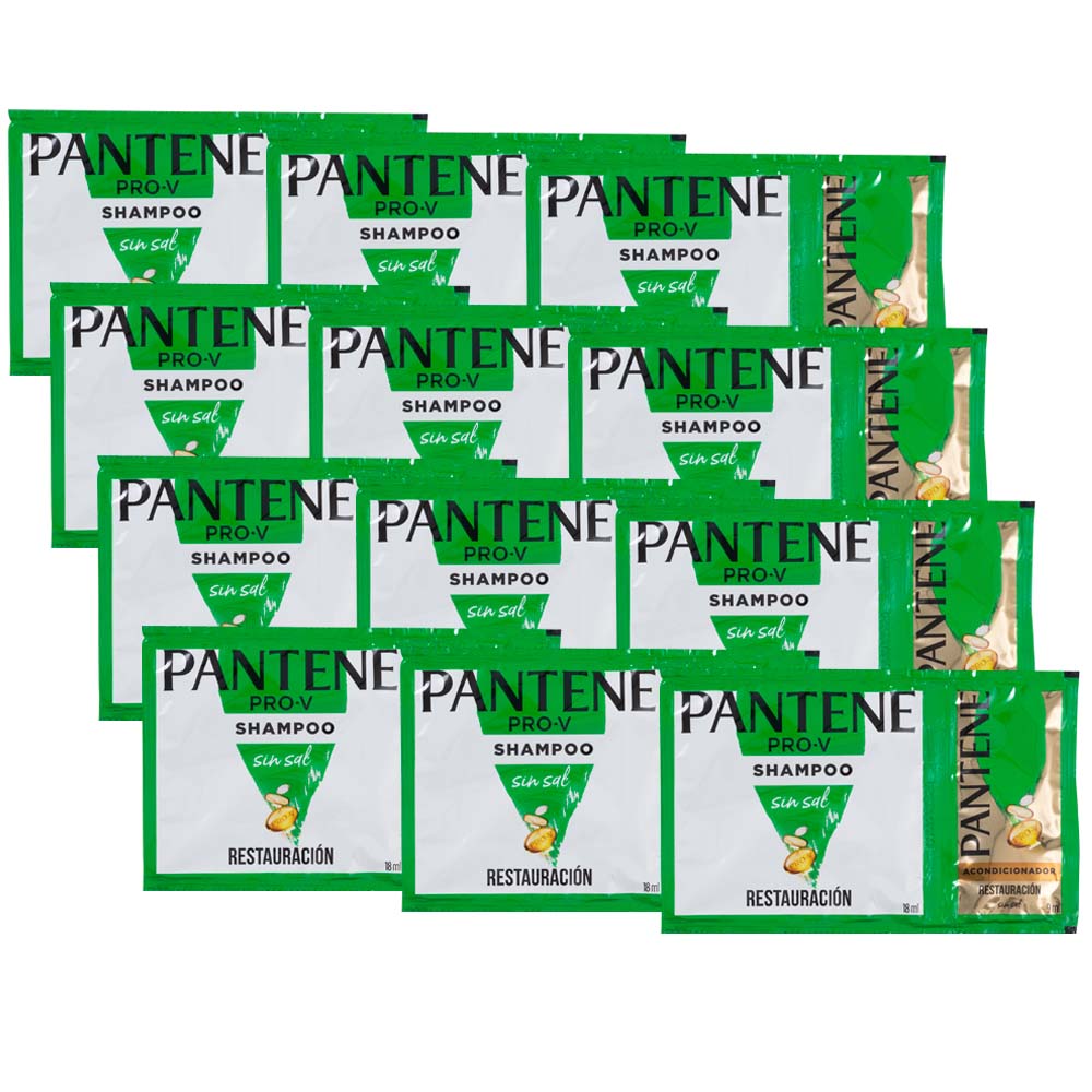Shampoo Restauración PANTENE Sobre 18ml + Acondicionador PANTENE Sobre 9ml Tira 12 Sachets 2un c/u