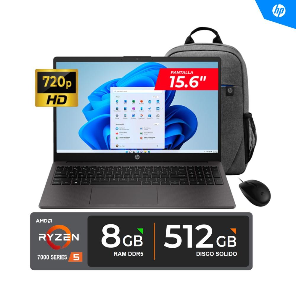 Laptop HP 255 G10 15.6""HD AMD Ryzen 5 7520U 4.30GHz 8GB DDR5 512GB SSD FREEDOS (MOCHILA + MOUSE HP)
