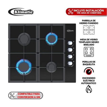 Cocina Empotrable a Gas Klimatic Mitte 4 Hornillas Acero Negro