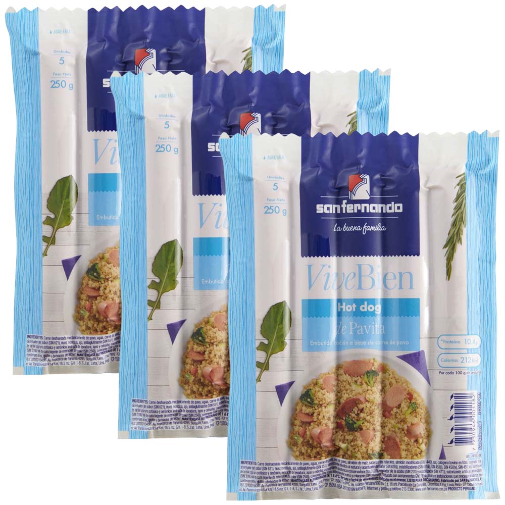 Hot Dog de Pavita SAN FERNANDO Paquete 3 Paquetes 250g c/u