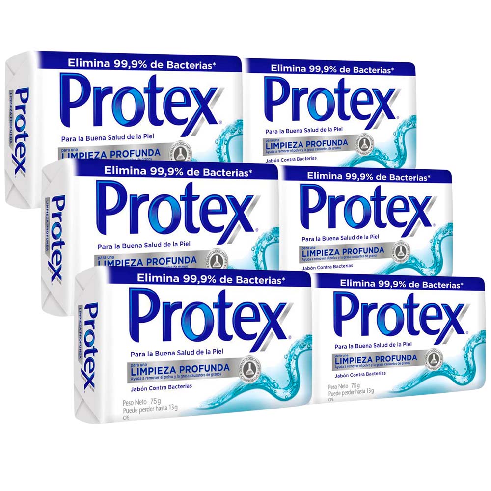 Jabón Antibacterial PROTEX Limpieza Profunda Paquete 6 Bolsas 75g c/u