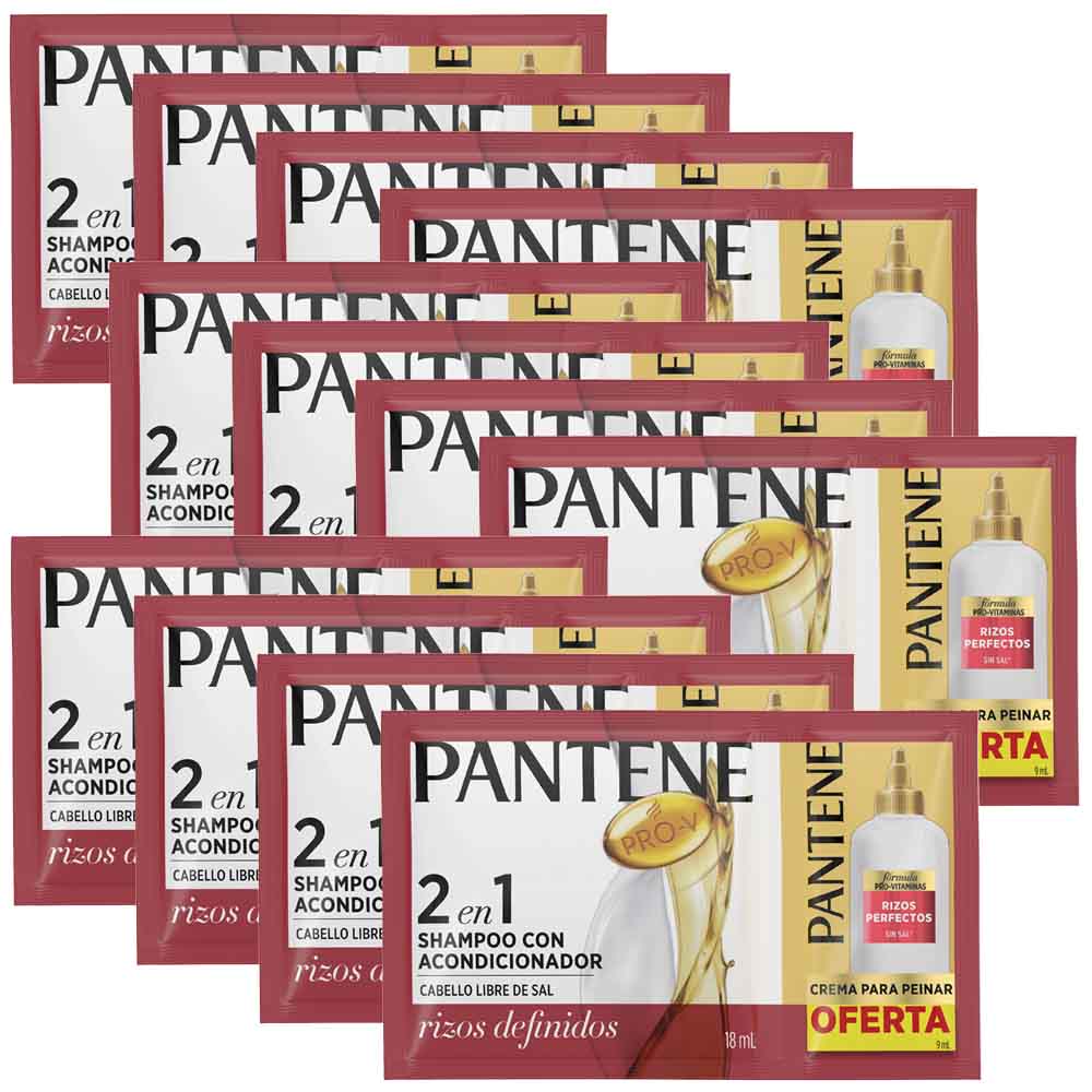 Shampoo PANTENE Rizos Sobre 18ml + Crema para Peinar PANTENE Sobre 9ml Tira 12 Sachets 2un c/u