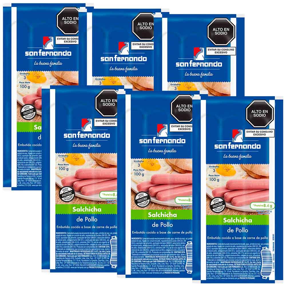 Salchicha de Pollo SAN FERNANDO Paquete 6 Paquetes 100g c/u