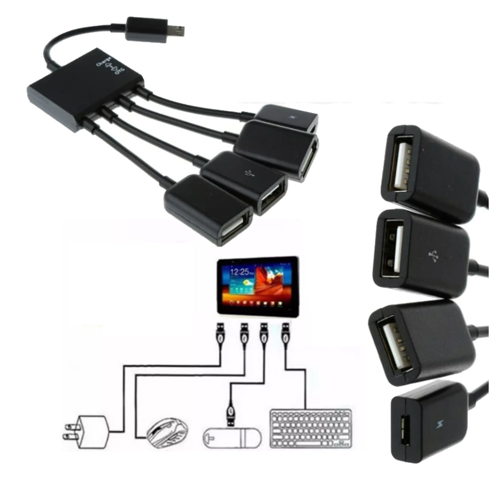 Adaptador OTG Pulpo V8 para celular Hub 3 puertos USB Carga 4 en 1