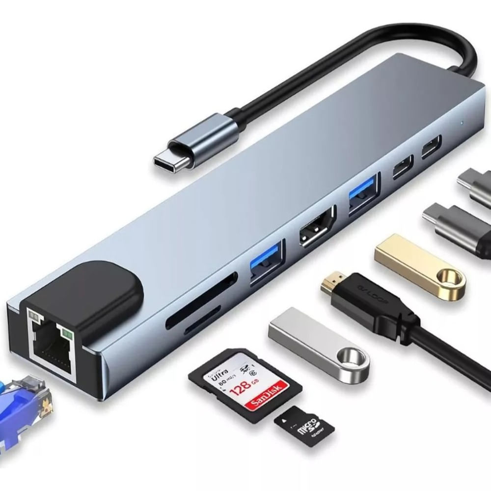 Hub Usb Tipo C 8 En 1 Lan Hdmi Usb 3.0 Sd Tf Laptop Celular Color ...