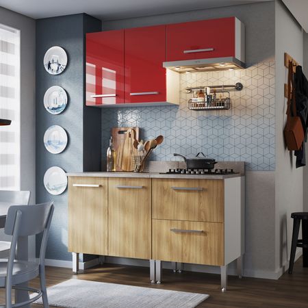 Mueble de Cocina Modular Orange con Cajonera 140cm Rojo/Nogueira