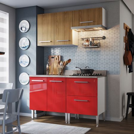 Mueble de Cocina Modular Orange con Cajonera 140cm Nogueira/Rojo