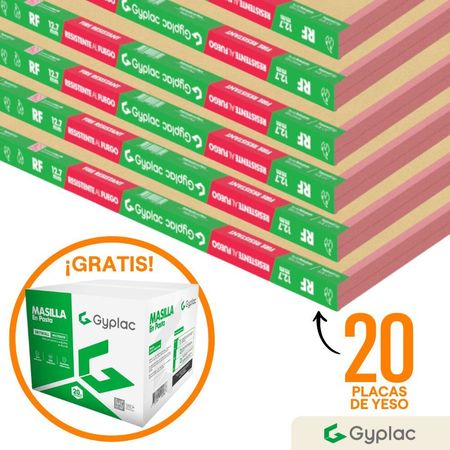 COMBO Gyplac: 20 Placas de yeso RF 12.7mm 1.22x2.44m + Masilla para Drywall lista para usar 20kg