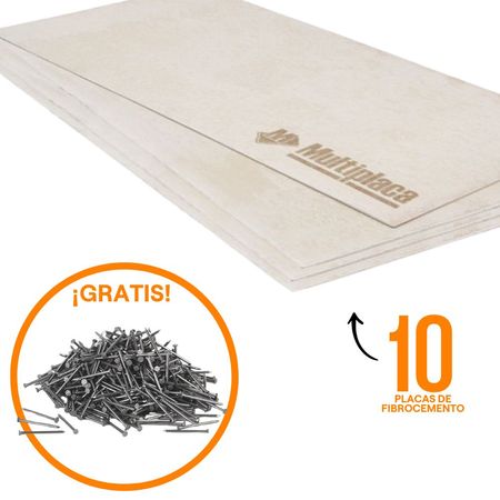 COMBO: 10 Placas Fibrocemento Multiplaca 4 mm 1.22x2.44 metros Mutiplaca + Clavo con cabeza 1