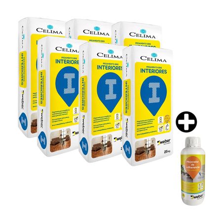 COMBO 6 Pegamentos en polvo para interiores Gris 25kg Celima Weber + Primer Acrílico 1L Weber