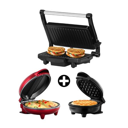 COMBO Holstein: Panini Grill 2P Inoxidable + Waflera Personal 10cm negra + Máquina de Omelettes de 2P Rojo